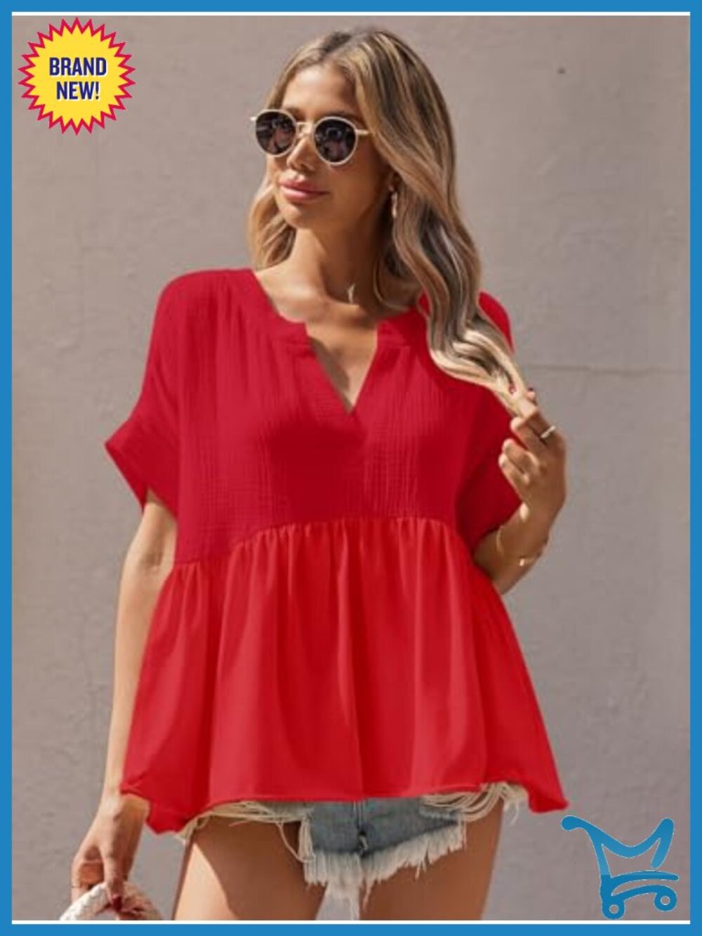 Womens Peplum Babydoll Top Summer Short Sleeve Pleated Flowy V Neck Blouse - Picture 5 of 6